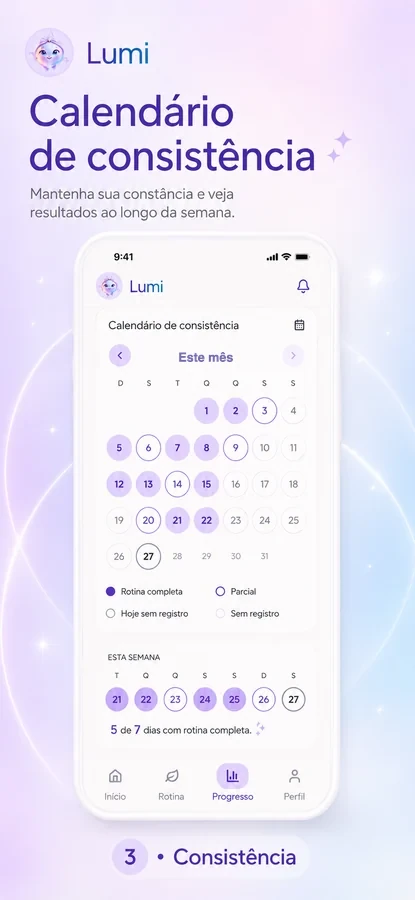Calendário de constância no app Lumi