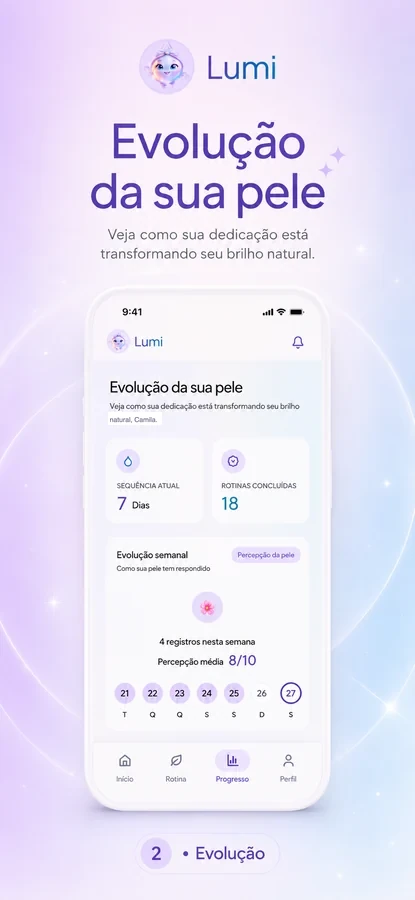Evolução da pele no app Lumi